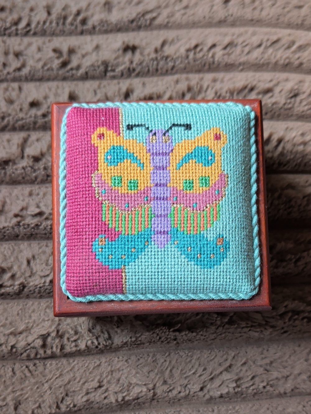 Hand-Embroidered Butterfly Jewelry Box - Turquoise & Pink